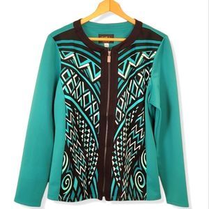 Bob Mackie long sleeve wearable art Green/black/white art deco zippered jacket
